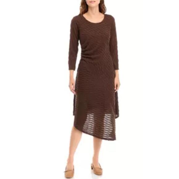 Signature Robbie Bee Long Sleeve Asymmetric Ruched Knit Midi A-Line Dress Brown - Picture 1 of 6